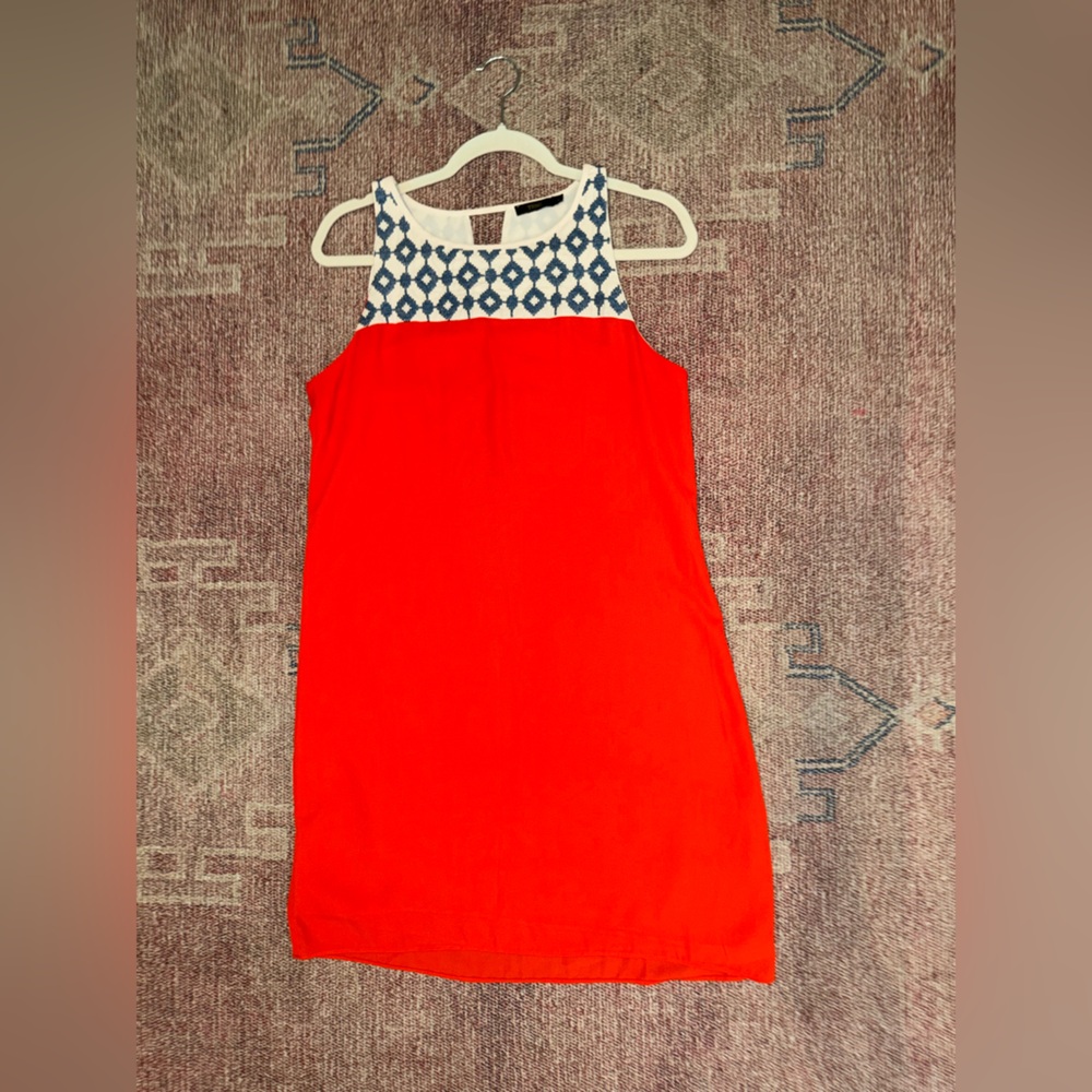THML embroidered mini sleeveless sheath dress full lined red cream and blue med